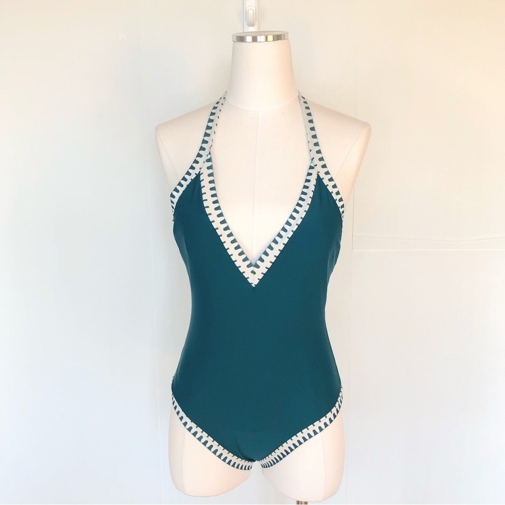 TEAL & white 1 pc halter swimsuit XS